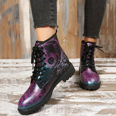 Gothic Style Ankle Combat Boots Sun & Moon Print Non Slip Outdoor Shoes