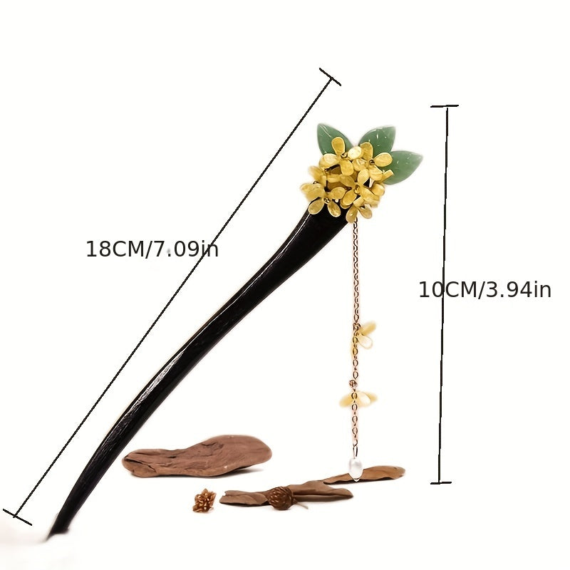 Chinese Style Flower Wooden Hair Stick with Faux Pearl Pendant