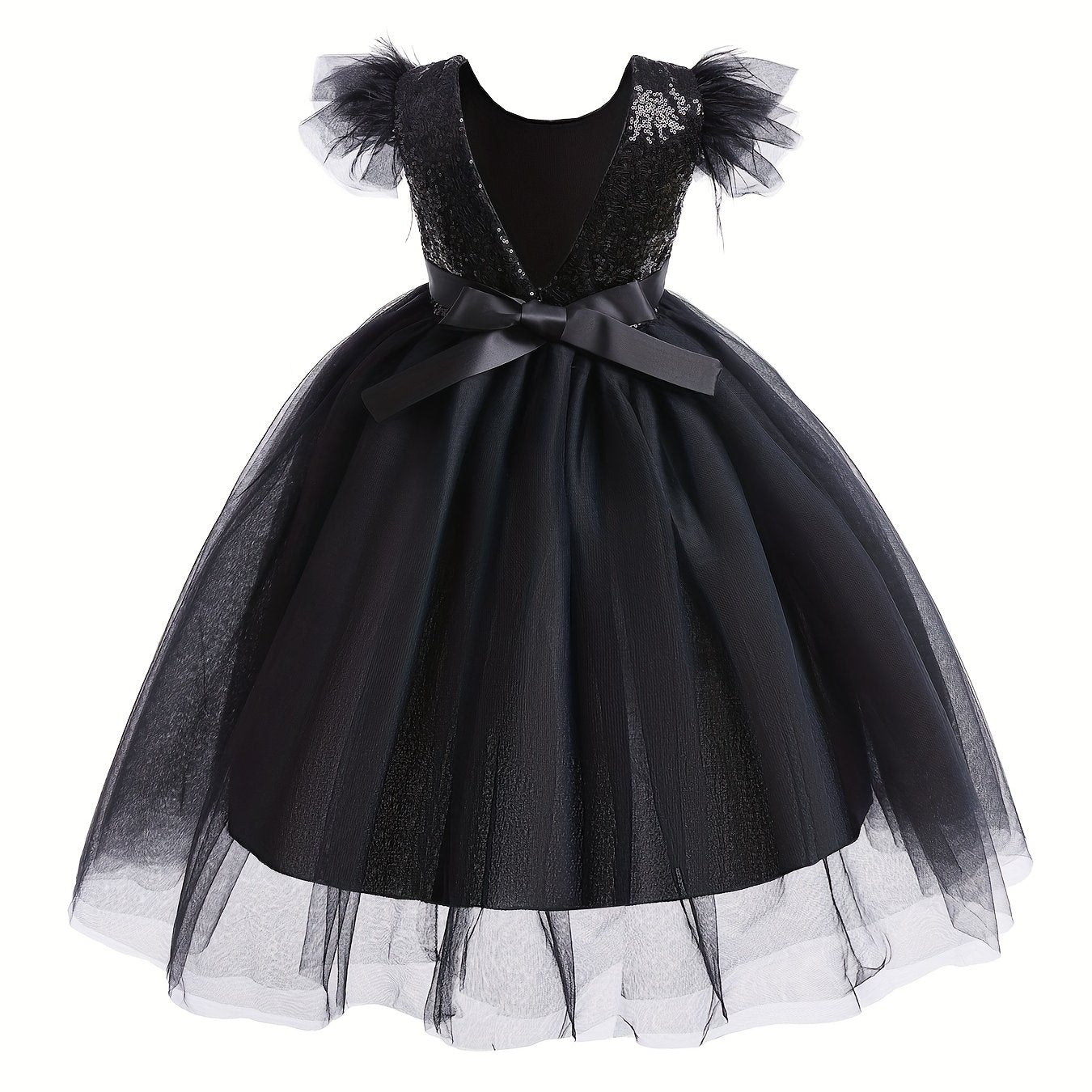 Girls Sleeveless Princess Dress Sequin Bow Belt Gothic Style