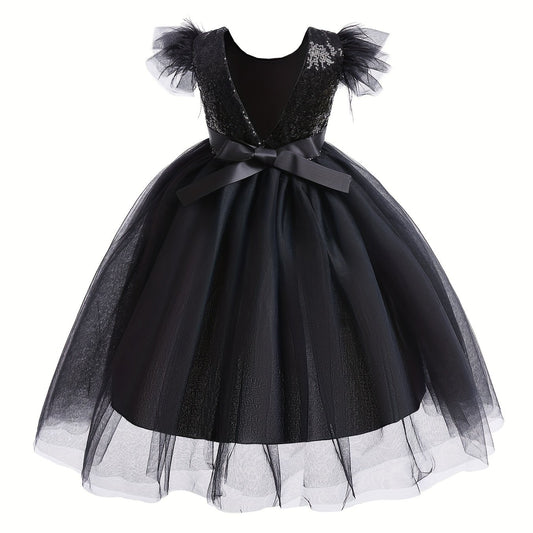 Girls Sleeveless Princess Dress Sequin Bow Belt Gothic Style