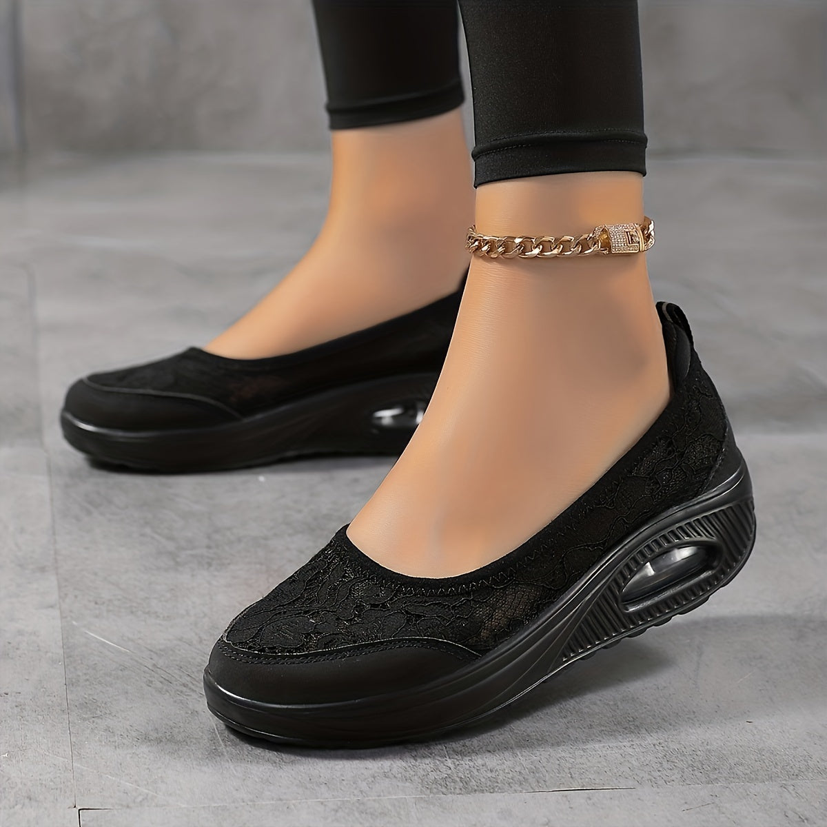 Women's Lace Slip on Walking Shoes Air Cushion Chunky Sneakers