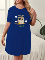  Owl Print Nightdress Short Sleeve Sleep Dress