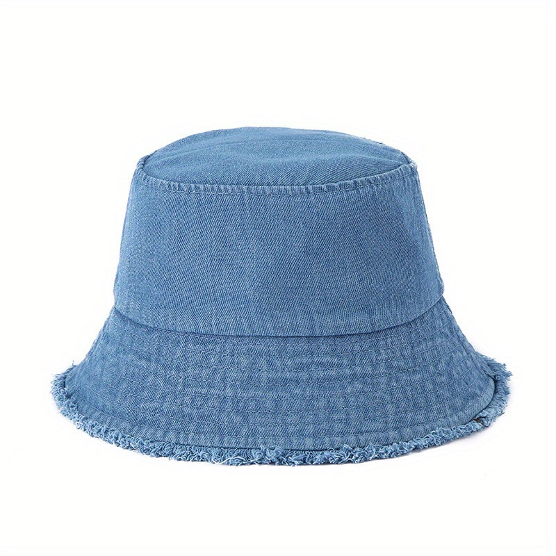 Unisex Denim Bucket Hat Frayed Brim Foldable Casual Fisherman Cap