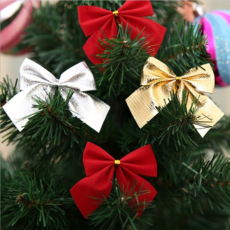 12pcs Bow Christmas Decorations Red Golden Silvery Bows Tree Pendants