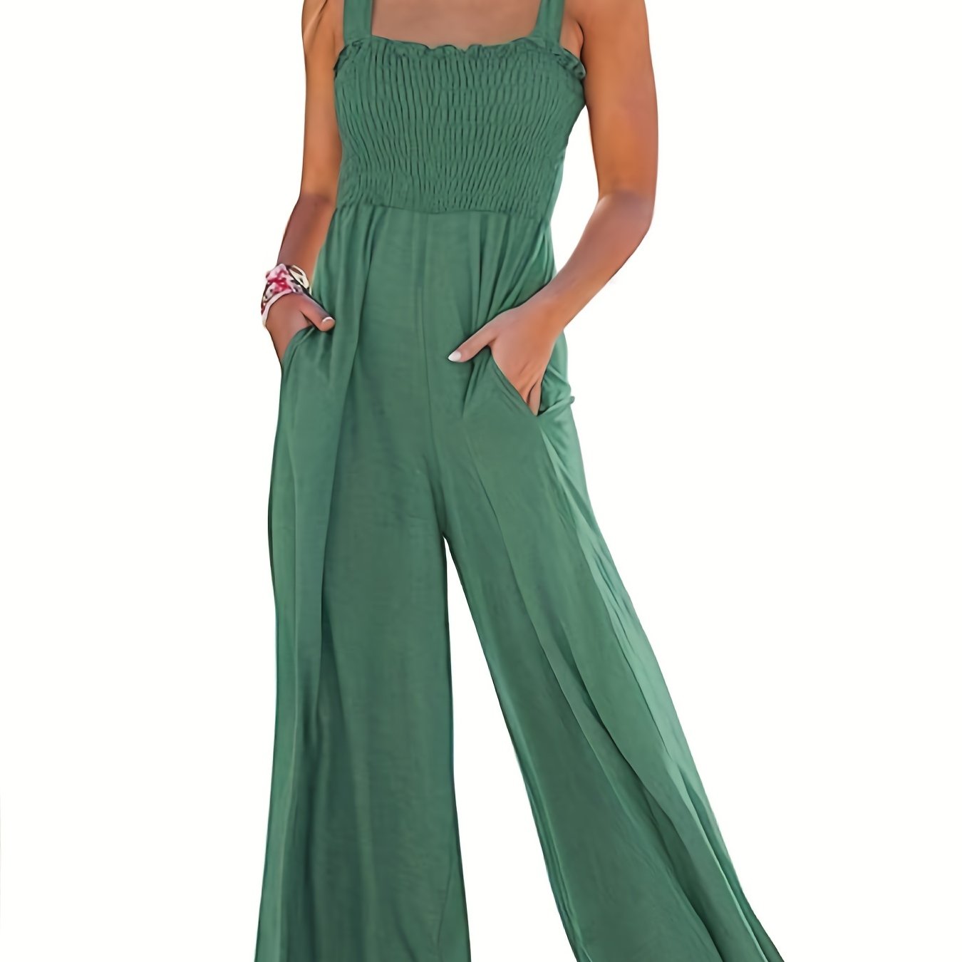 Solid Shirred Wide Leg Jumpsuit Sleeveless Casual Jumpsuit