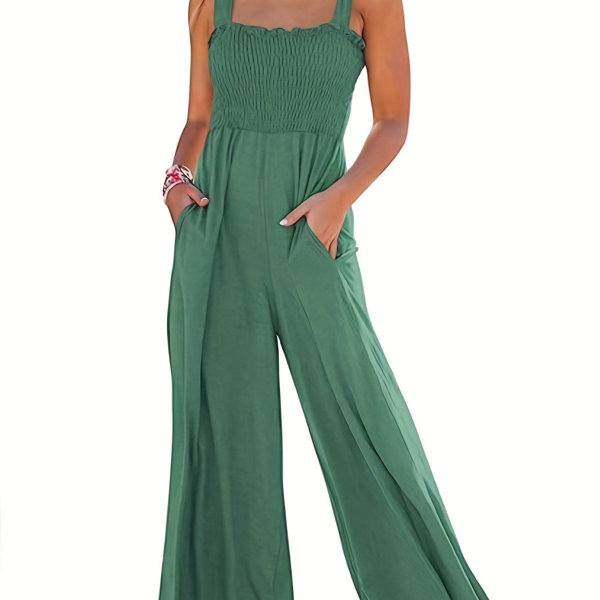 Solid Shirred Wide Leg Jumpsuit Sleeveless Casual Jumpsuit