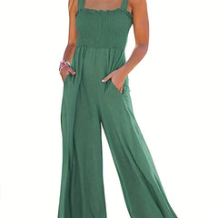 Solid Shirred Wide Leg Jumpsuit Sleeveless Casual Jumpsuit