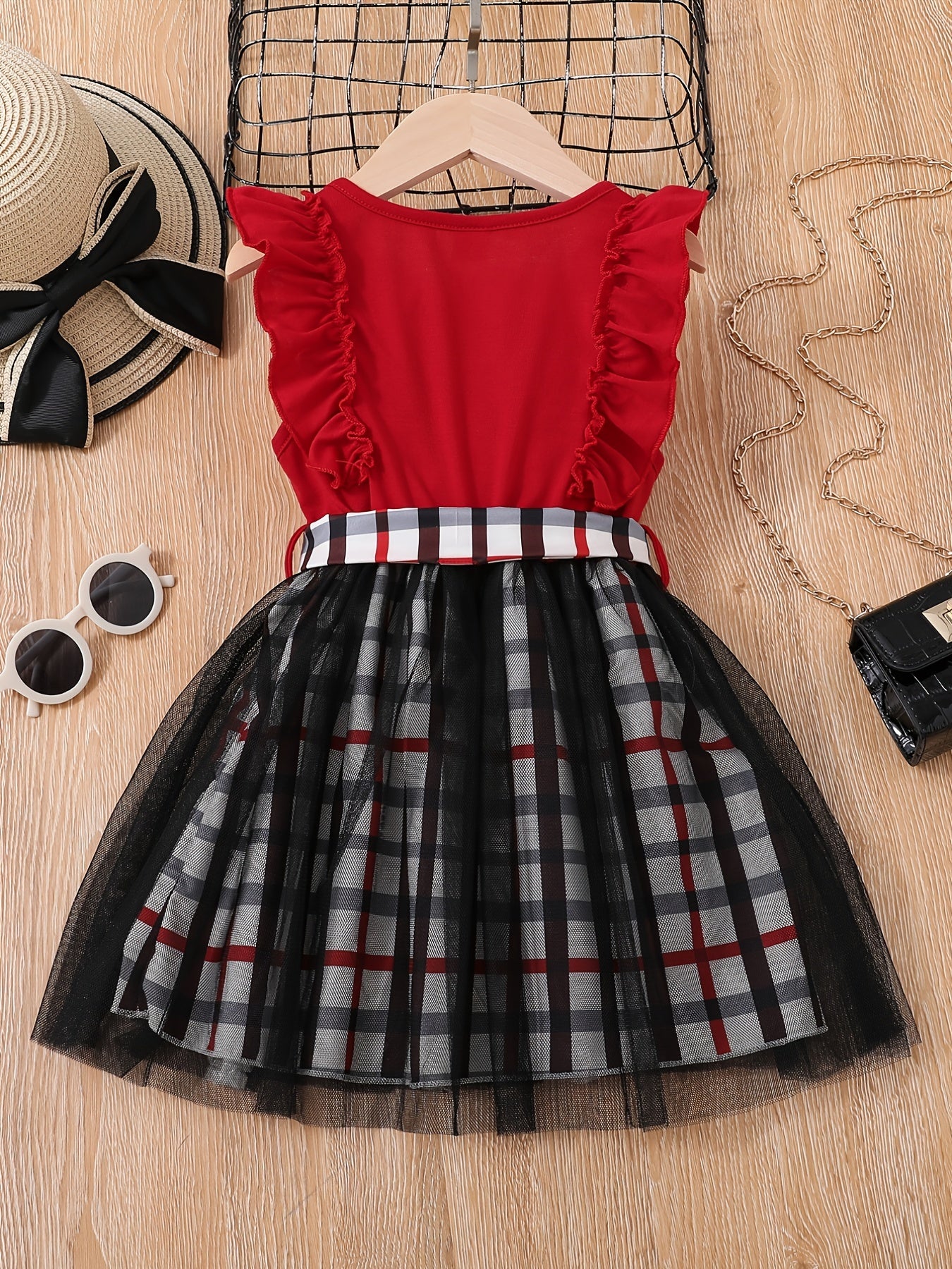 Girls Ruffle Sleeve Plaid Print Princess Dress With Belt