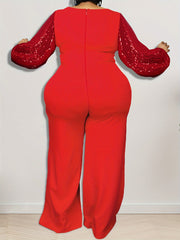 Contrast Sequin Sleeve Wide Leg Jumpsuit Plus Size High Stretch Party Jumpsuit