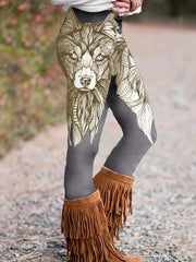 Women's Plus Wolf Print Leggings Medium Stretch Casual Pants