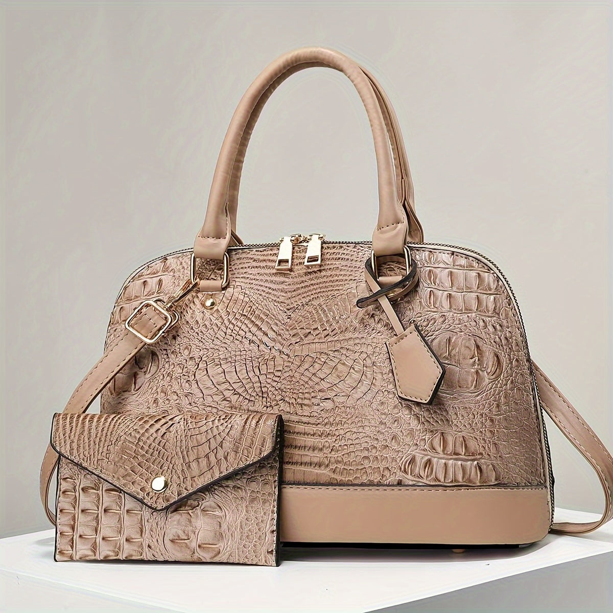 Crocodile Pattern Shell Tote Bag with Matching Mini Clutch