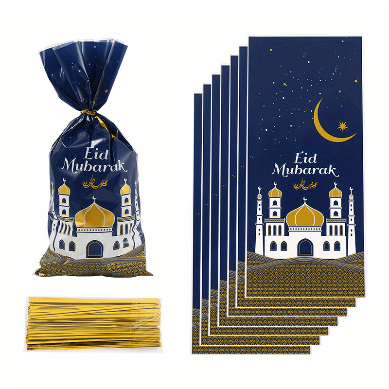 50pcs Eid Mubarak Gift Bags Plastic OPP Candy Cookie Bag Ramadan Kareem Decorati