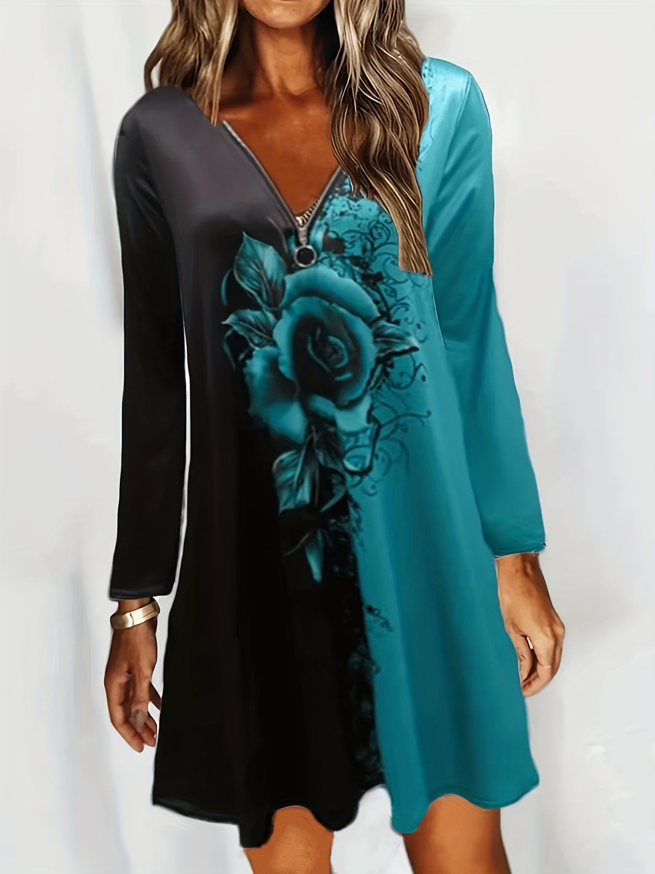  Colorblock Floral Print Zipper Long Sleeve V Neck Dress