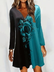  Colorblock Floral Print Zipper Long Sleeve V Neck Dress
