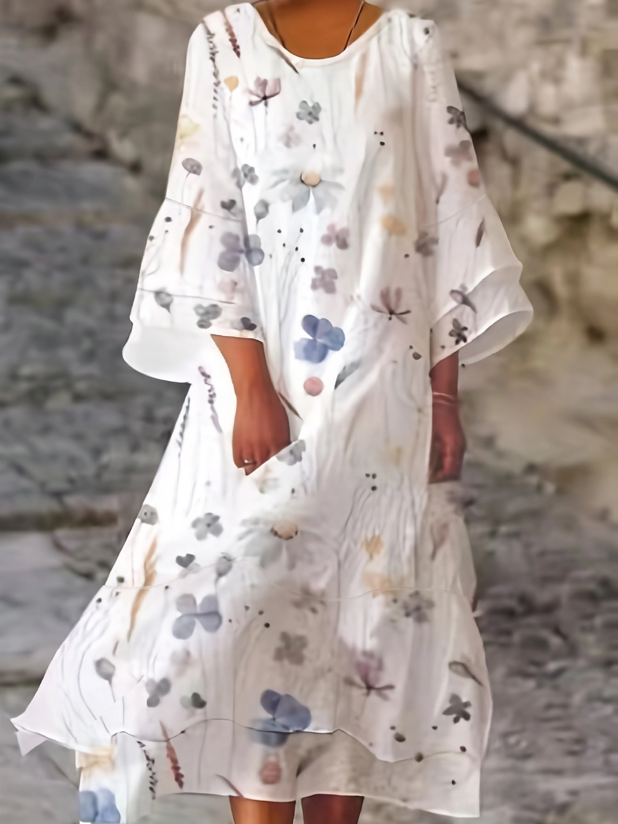  Floral Print Bell Sleeve Maxi Dress