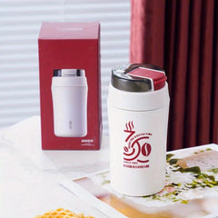 Ceramic Lined Coffee Mug with Soft Straw, Double Drink Cup 400
