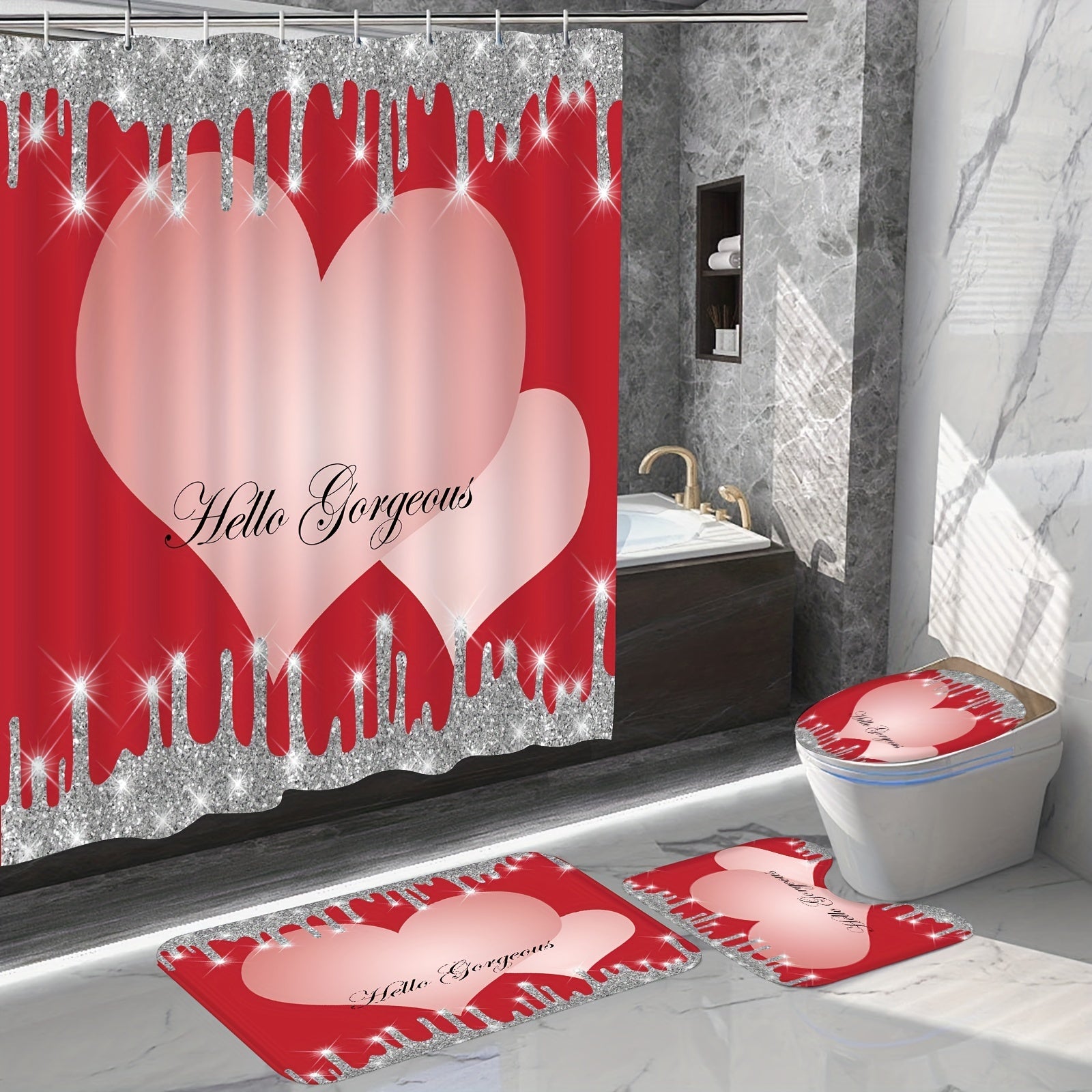Sparkling Shower Curtain Set with Bath Mat and Hooks, 71x71 In