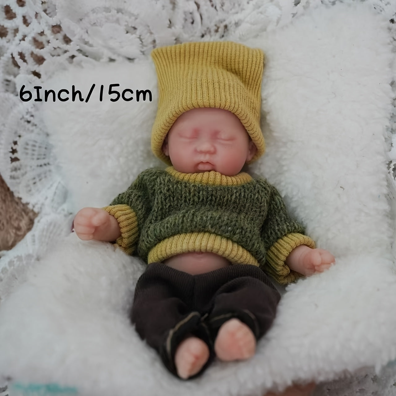 6 Inch Rourou Boy Reborn Doll with Yellow Knit Hat & Green Sweater