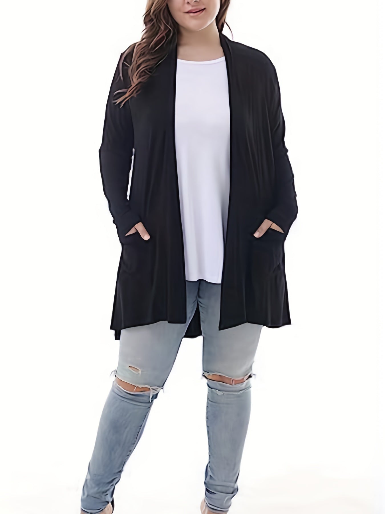  Solid Long Sleeve Open Front Cardigan With Pockets