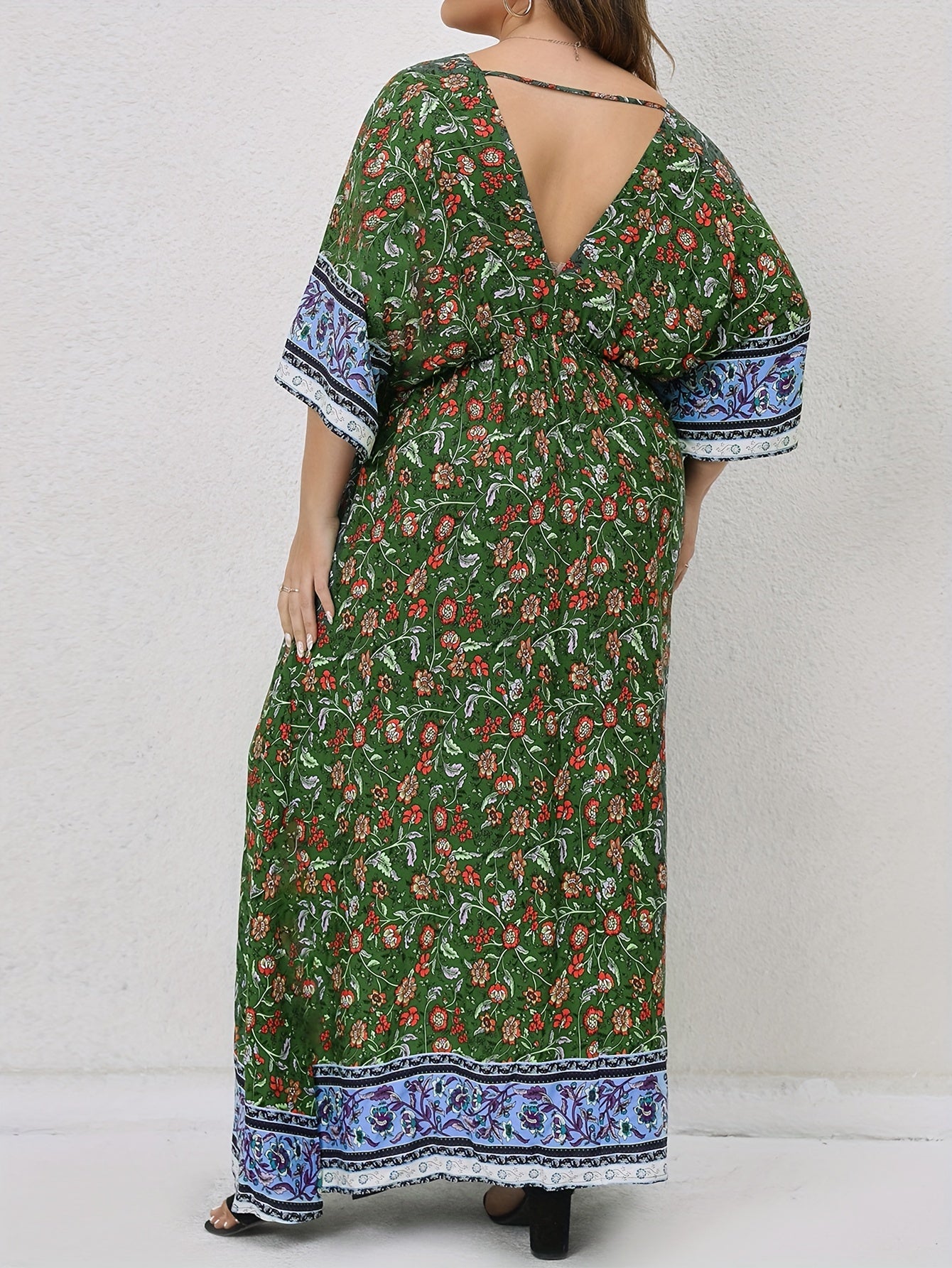  Boho Dress Floral Print V Neck Knot