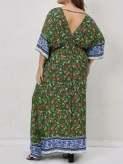  Boho Dress Floral Print V Neck Knot