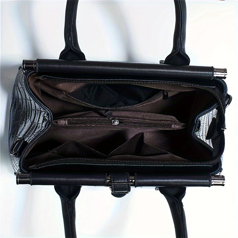 Crocodile Print Satchel Top Handle Tote Bag & Clutch Purse Set