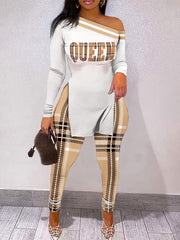 Irregular Bodycon Two piece Set Letter Print Long Sleeve Tops & Plaid Pants