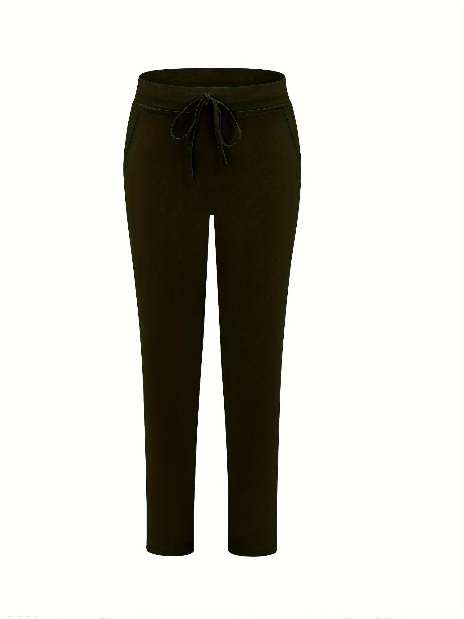  Solid Elastic High Rise Trousers With Pockets