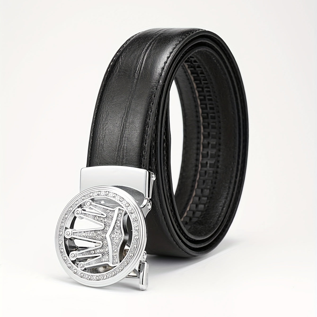 Men's Rhinestone Crown Auto Buckle PU Leather Belt