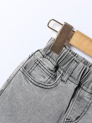 Girls Light Gray Washed Stretch Tapered Denim Trousers