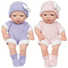 7" Purple PVC Palm Baby Doll w/ Knit Hat Outfit & Socks - Soft & Realistic