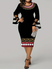  Colorblock Geometric Print Mesh Bell Sleeve Midi Dress
