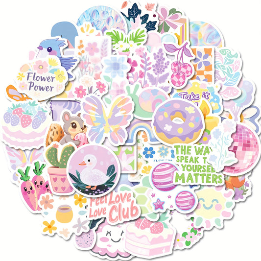 50pcs Spring Pastel Flower & Animal Stickers for Teens