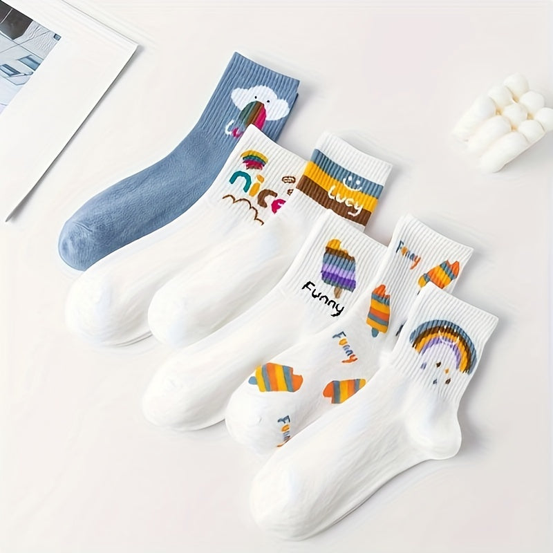 6 Pairs Ice Cream & Rainbow Socks Women's Mid Tube Stockings Hosiery