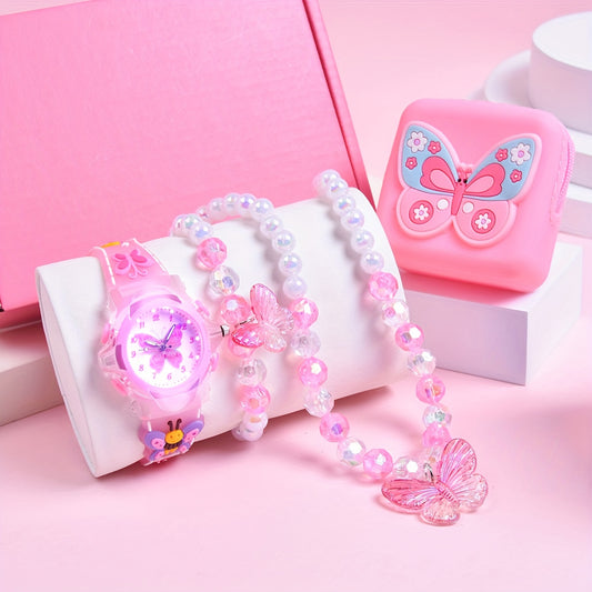 Girls' 3D Butterfly Strap Watch Set with Bracelet & Coin Purse