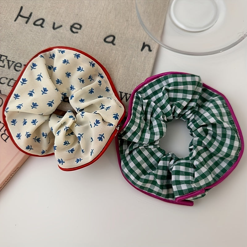 Floral Print Hair Tie Red Brim Hair Rope Sweet Ponytail Holder Women Girls