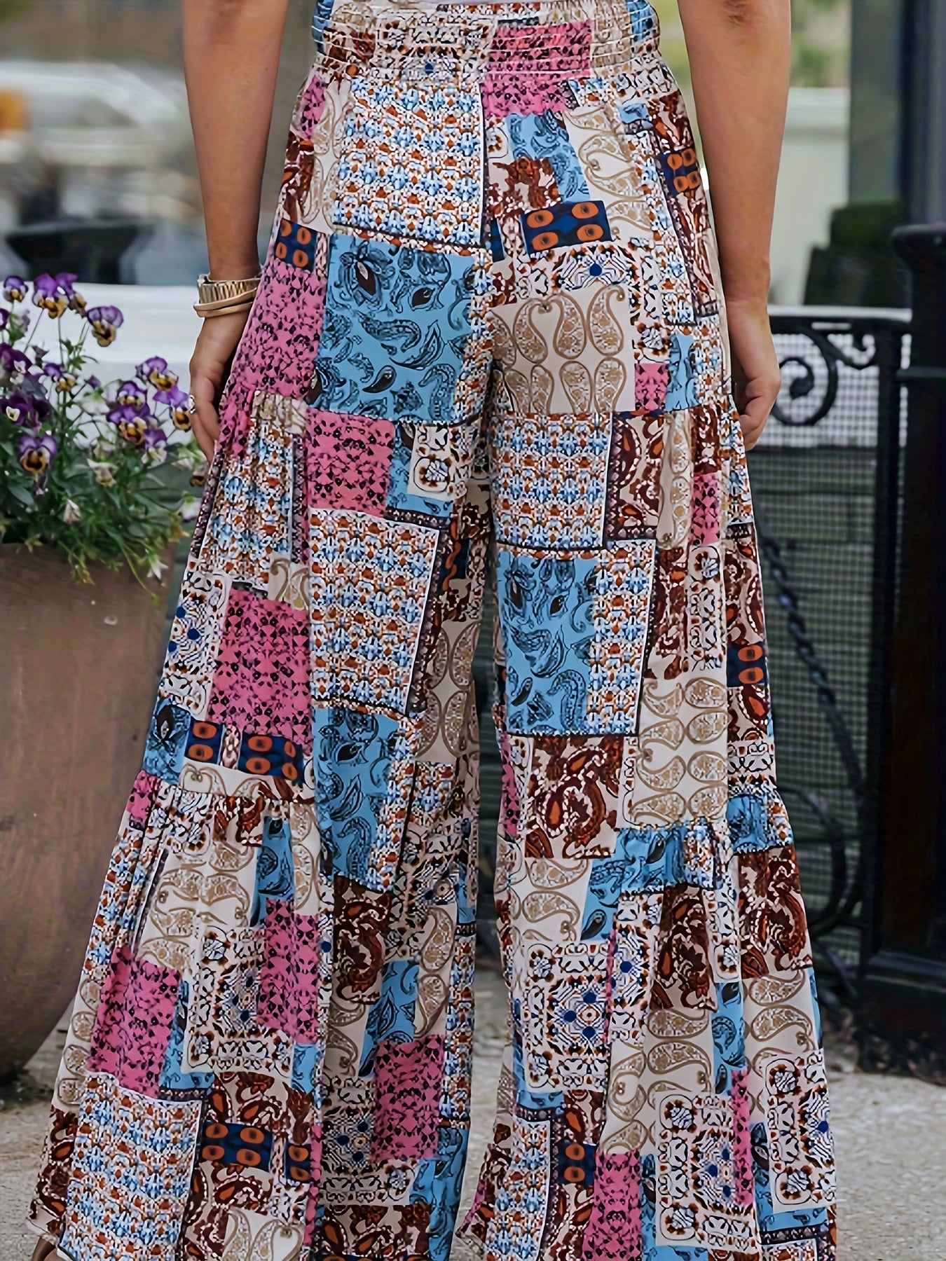  Patchwork Print High Rise Wide Leg Trousers With Belt