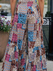  Patchwork Print High Rise Wide Leg Trousers With Belt