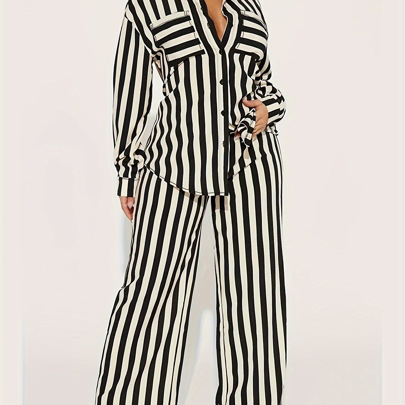  Stripe Print Blouse & Pants Outfits 2 Piece Set