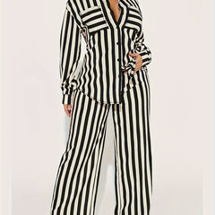  Stripe Print Blouse & Pants Outfits 2 Piece Set