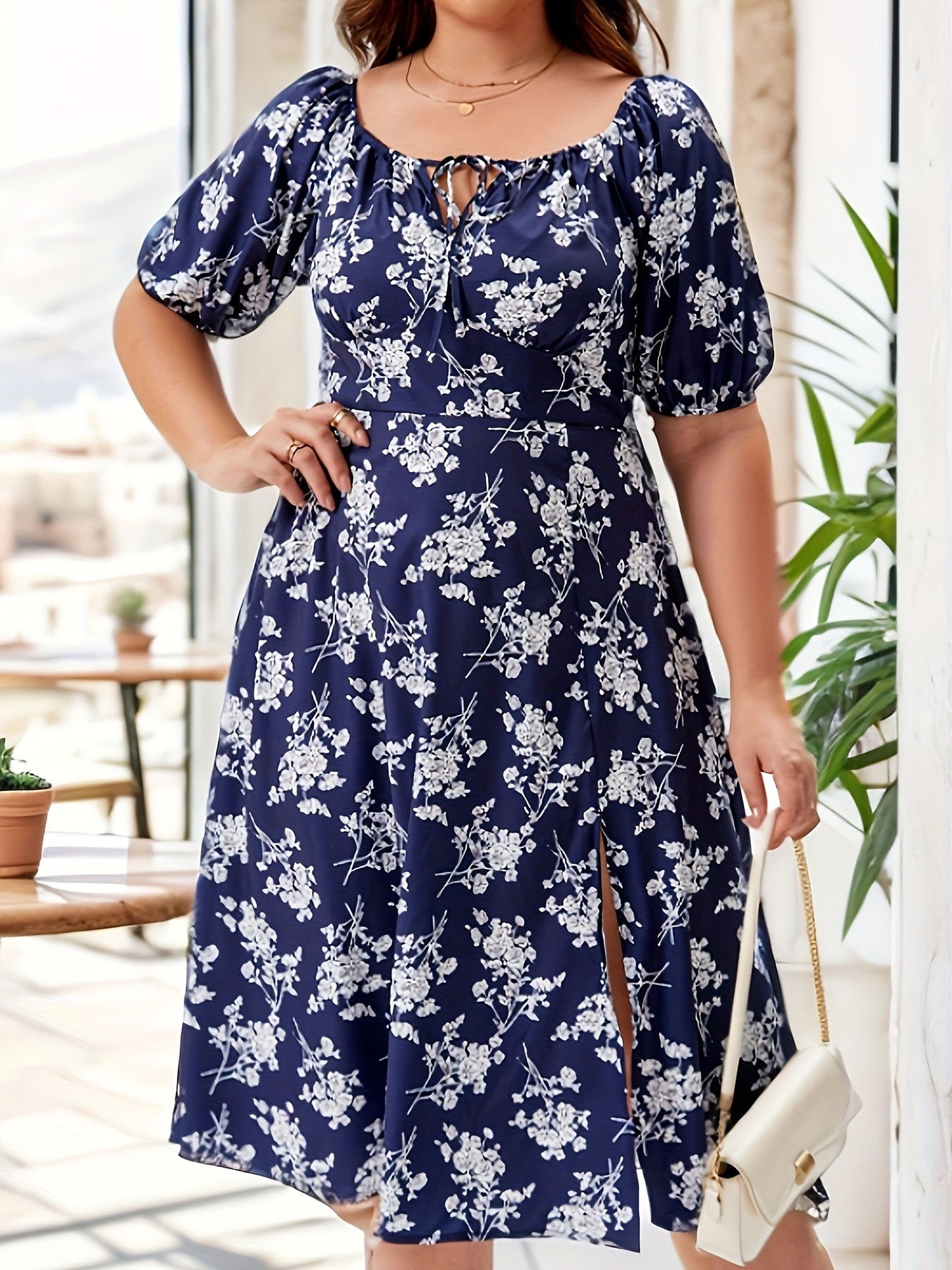  Floral Bubble Sleeve Square Neck Knot Midi Dress