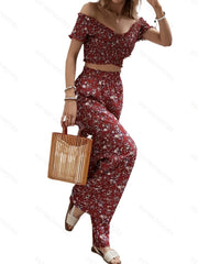 Floral Print Off Shoulder Crop Top & High Waist Set