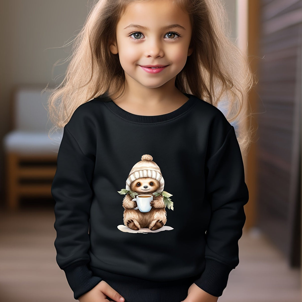 Cartoon Koala Pattern Crew Neck Long Sleeve Sweatshirt Pullover For Girls Kids