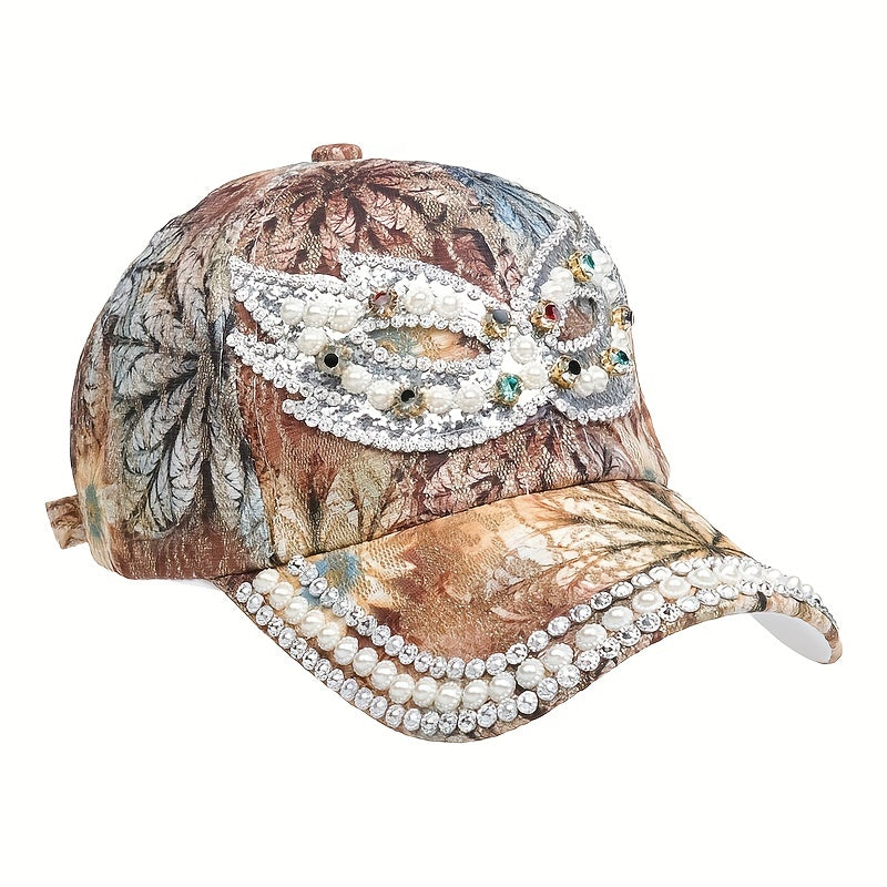 Rhinestone Baseball Cap Y2K Faux Pearl Leaf Flower Hat