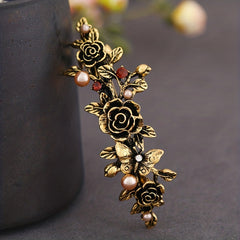 Vintage Metal Flower Hair Clip French Barrette with Faux Pearls