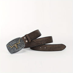 Cattle Head Floral Embossed Buckle Casual Western PU Leather Belt