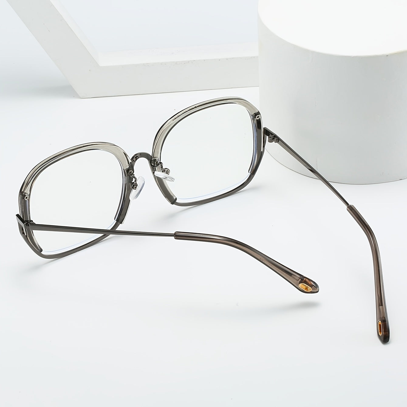Square Block Semi Rimless Frame Clear Lens Metal Temple Light Blocking Glasses