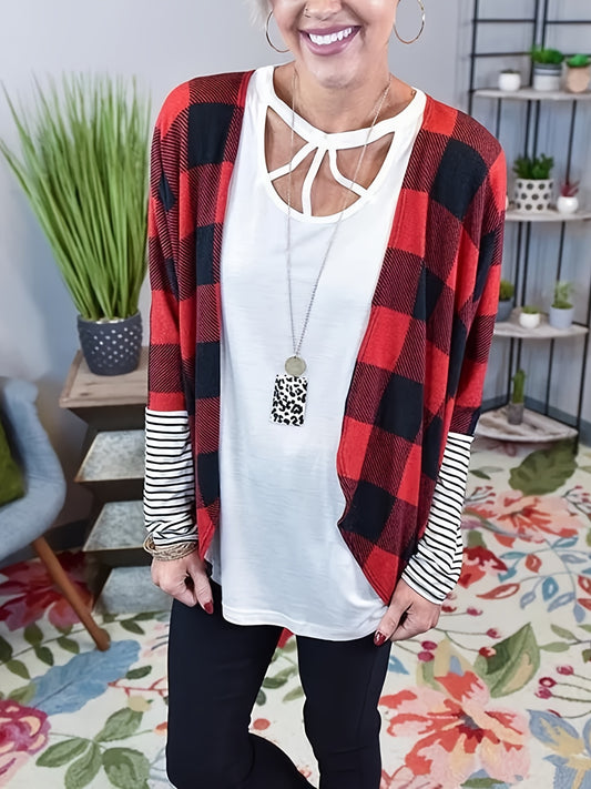  Striped & Plaid Print Long Sleeve Open Front Cardigan