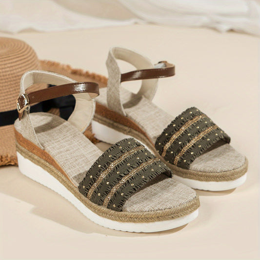 Rhinestone Wedge Sandals with Buckle Strap
