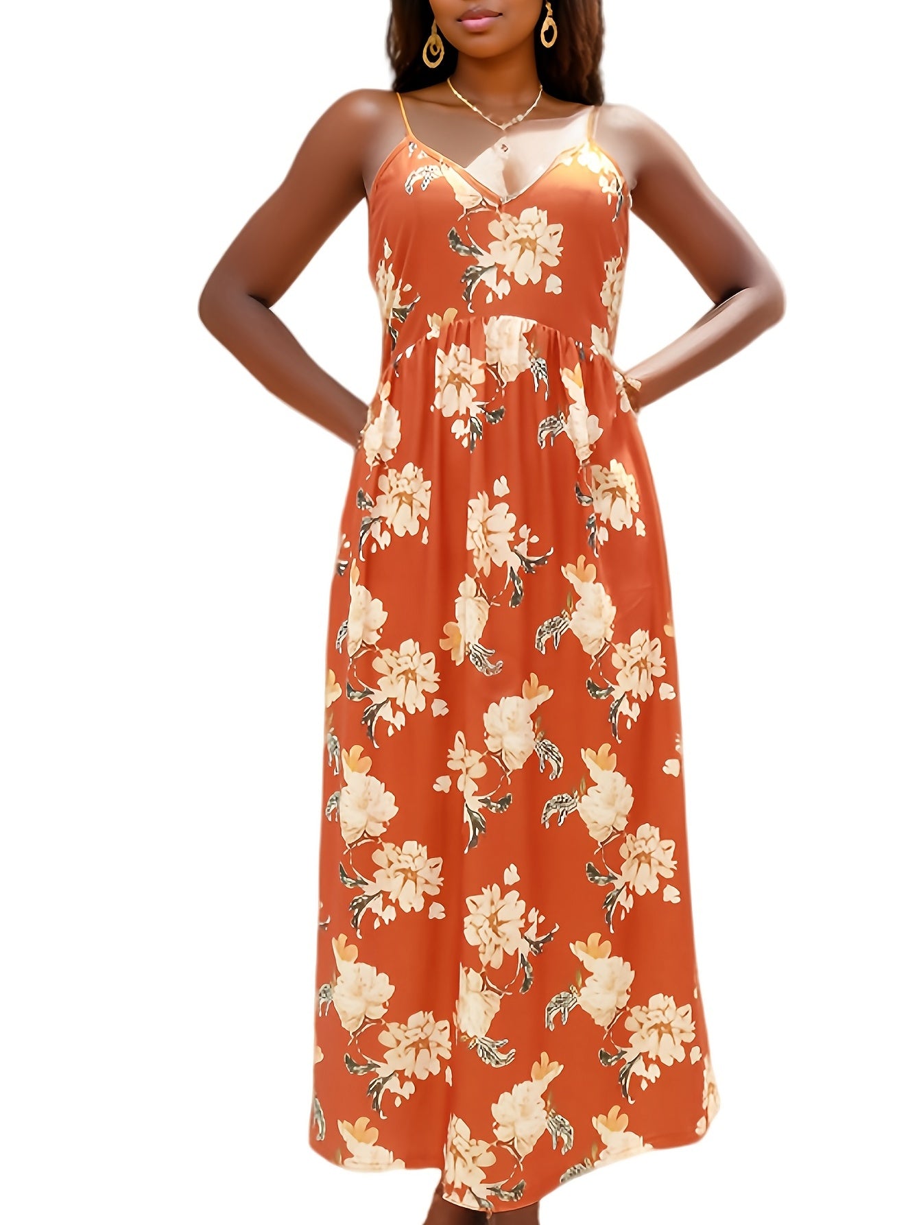 Floral Print Cami Dress Solid Crew Neck Midi Loose Casual Dress